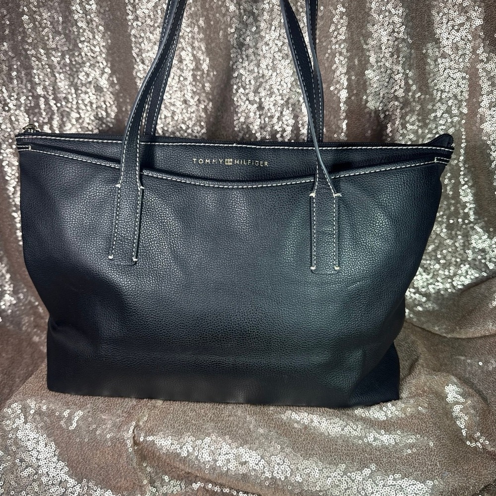 Tommy Hilfiger Black Pebbled Faux Leather Tote Bag White Stitching Shoulder Bag
